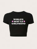 Women's Heart & Letter Print Round Neck Crop Tee, Fashion Casual Crew Neck T-Shirt for Daily Holiday Outdoor Wear, Ladies...