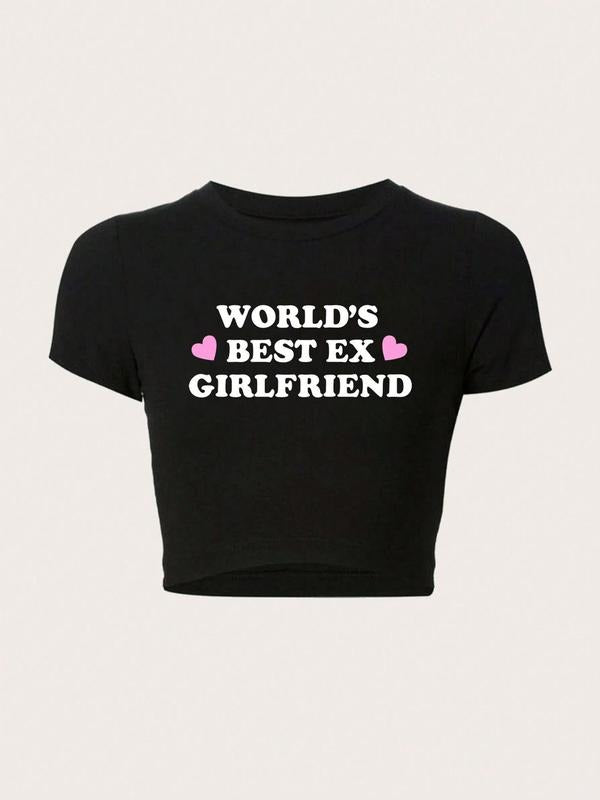 Women's Heart & Letter Print Round Neck Crop Tee, Fashion Casual Crew Neck T-Shirt for Daily Holiday Outdoor Wear, Ladies...