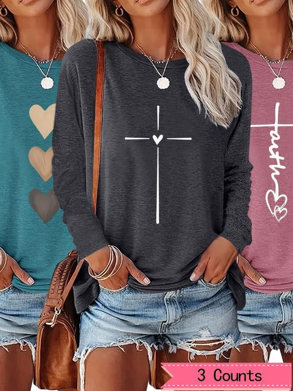 Women's Heart Print Round Neck Tee, Casual Long Sleeve Crew Neck T-shirt for Fall & Winter, Women's Top for Daily...