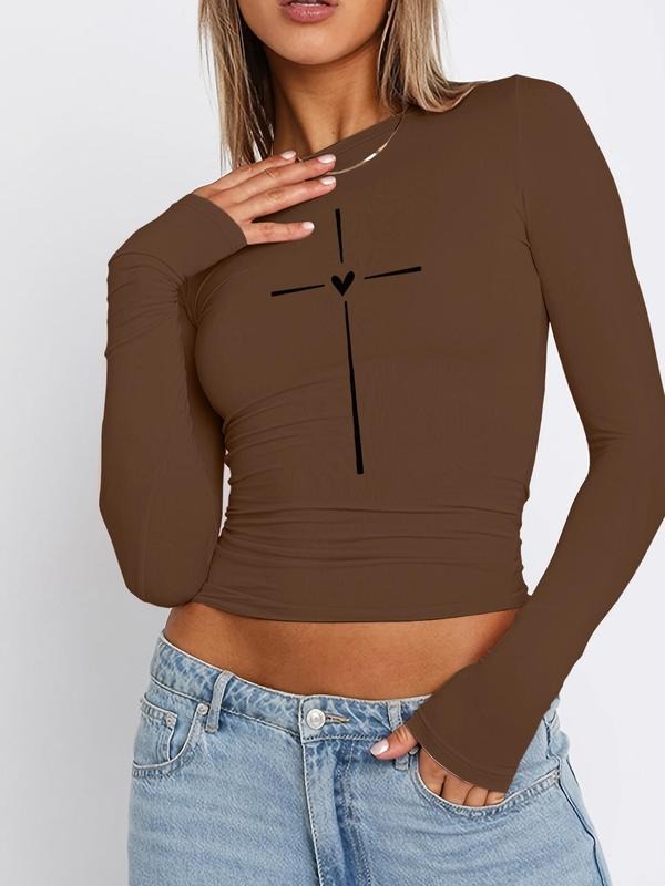 Women's Heart Print Round Neck Tee, Casual Long Sleeve Crew Neck T-shirt for Spring & Fall, Fashion Women's Top for Daily...
