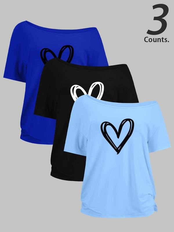 Women's Heart Print Tee, Casual Short Sleeve T-shirt for Daily Wear, Ladies Clothes for All Seasons, Topstyle{n002}2...