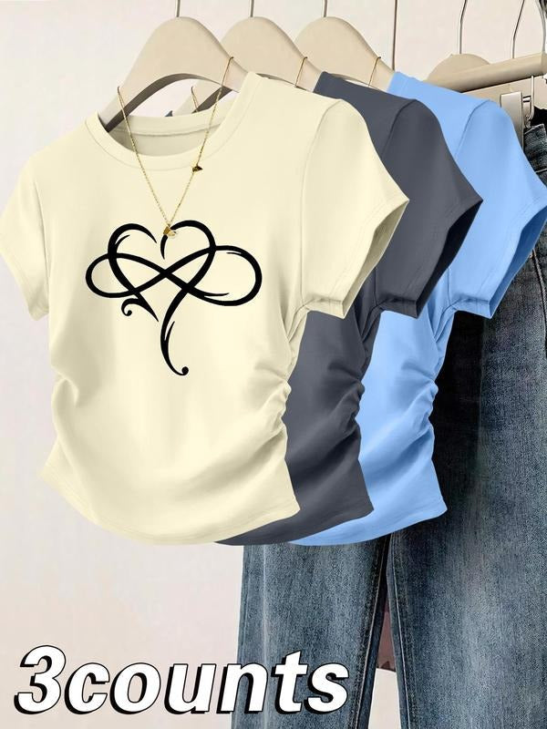 Women's Heart Print Tee, Casual Short Sleeve T-shirt for Daily Wear, Ladies Clothes for All Seasons, Topstyle{n002}3...