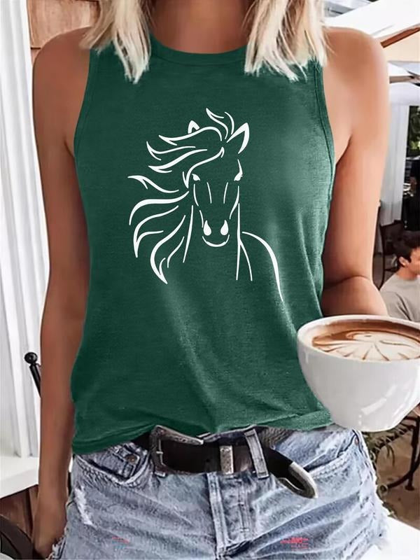 Women's Horse Print Round Neck Tank Top, Casual Sleeveless Top for Summer, Ladies Clothes for Daily Wear, Socks T-Shirts,...