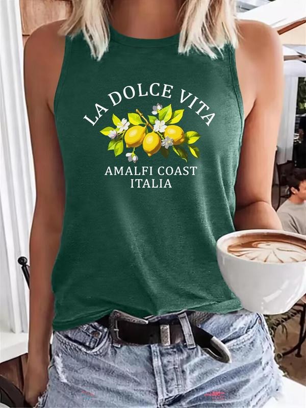 Women's Lemon & Letter Print Tank Top, Casual Sleeveless Top for Summer, Ladies Clothes for Daily Wear, Socks T-Shirts,...