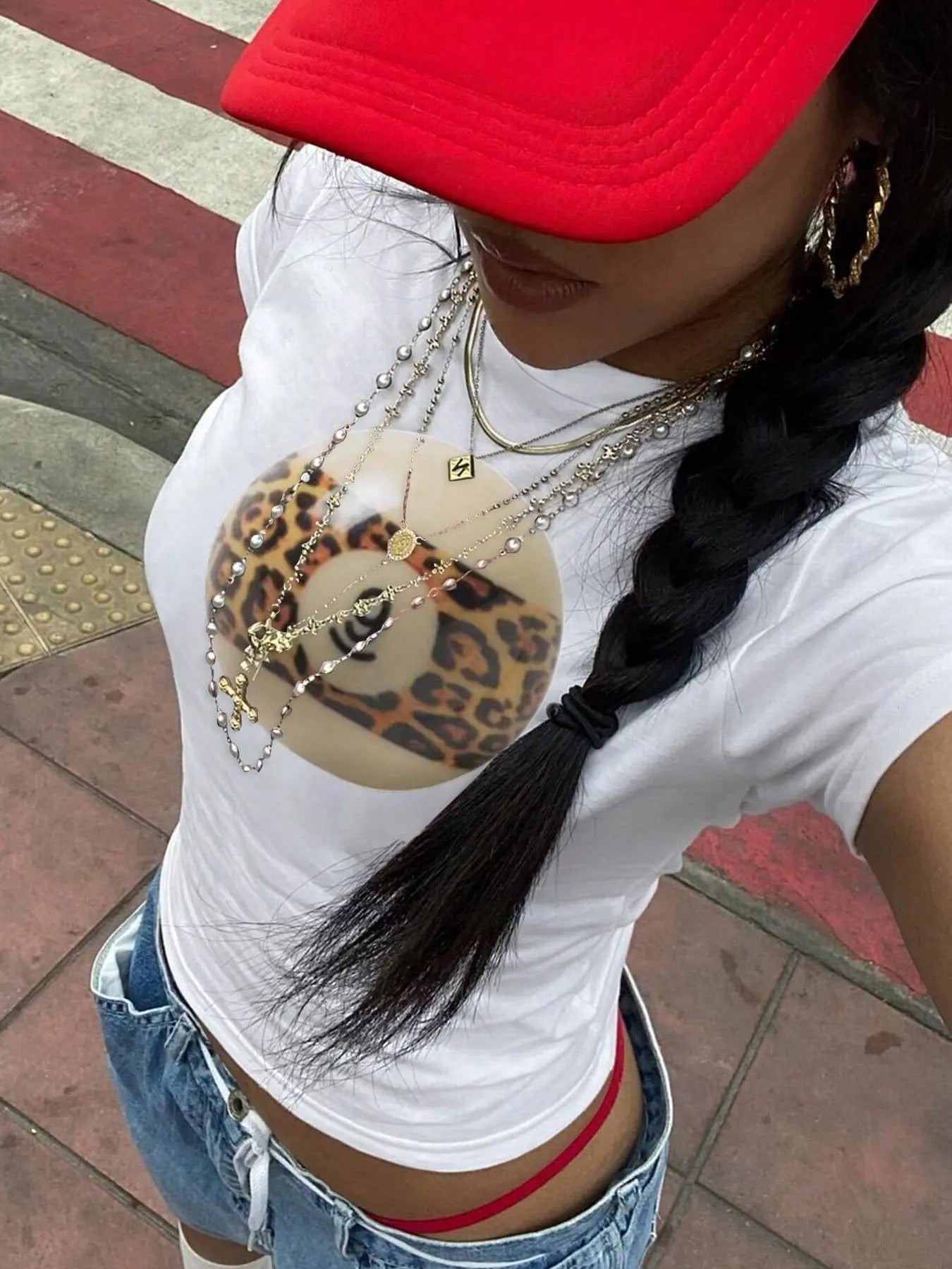 Women's Leopard & Figure Print Round Neck Crop Tee, Fashion Casual Crew Neck Short Sleeve T-shirt for Daily Holiday...