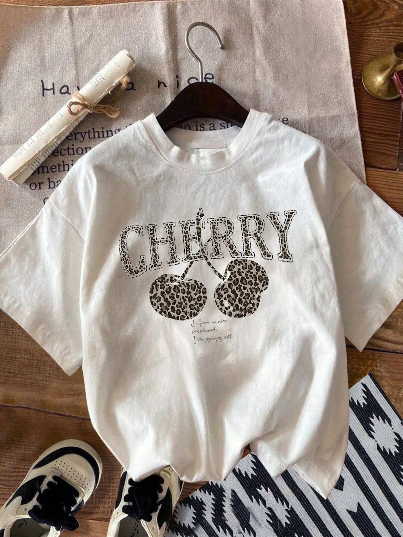 Women's Leopard Cherry & Letter Print Round Neck Tee, Regular Fit Casual Comfy  Short Sleeve Crew Neck T-shirt for...