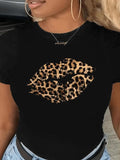 Women's Leopard Lip Print Round Neck Tee, Fashion Casual Crew Neck Short Sleeve T-shirt for Daily Holiday Vacation...