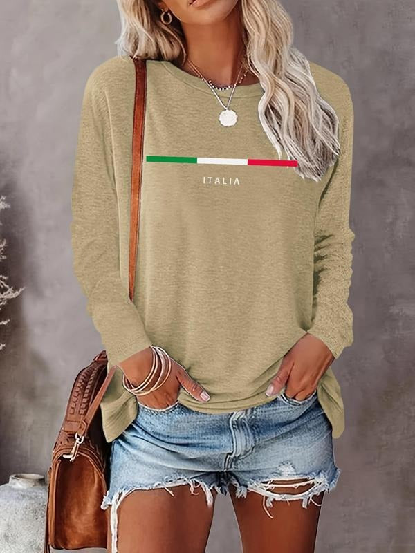 Women's Letter  & Striped Print Round Neck Sweatshirt, Casual Long Sleeve Crew Neck Pullover for Fall & Winter, Women's...