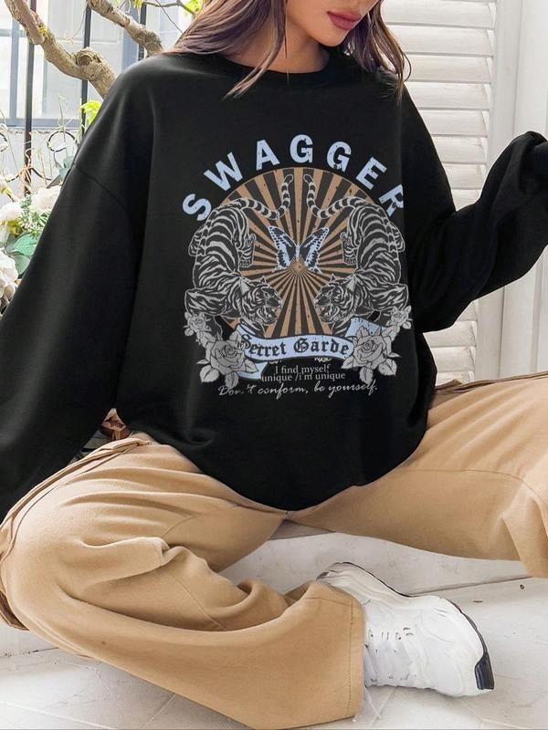 Women's Letter & Animal Print Drop Shoulder Sweatshirt, Casual Long Sleeve Round Neck Pullover For Fall & Winter, Women's...