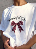 Women's Letter & Bow Print Round Neck Tee, Casual Short Sleeve Graphic T-shirt for All Seasons, Women's Top for Daily...
