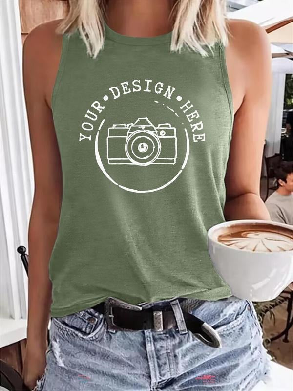 Women's Letter & Camera Print Tank Top, Casual Sleeveless Top for Summer, Ladies Clothes for Daily Wear, Socks T-Shirts,...