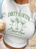 Women's Letter & Cocktail Print Round Neck Crop  Tee, Casual Short Sleeve T-shirt for Daily Wear, Ladies Clothes for All...