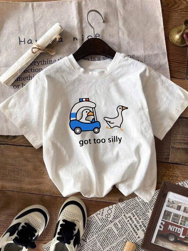 Women's Letter & Duck Print Round Neck Tee, Fashion Casual Crew Neck Short Sleeve T-shirt for Daily Holiday Vacation...