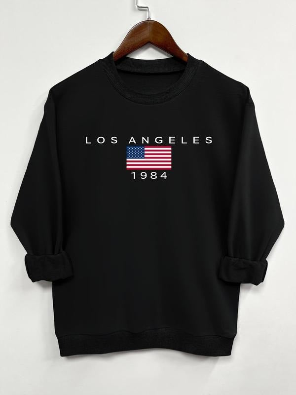 Women's Letter & Flag Print Round Neck Sweatshirt, Casual Long Sleeve Crew Neck Pullover for Daily Wear, Women Clothing...