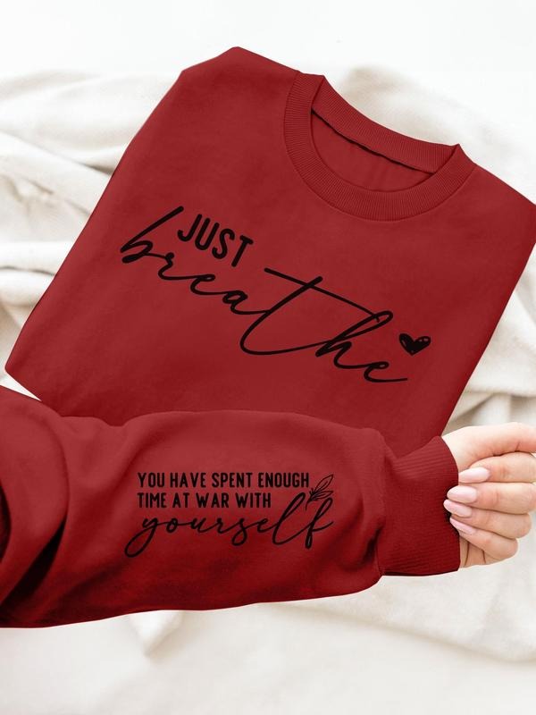 Women's Letter & Heart Print Pullover Sweatshirt, Casual Long Sleeve Crew Neck Sweatshirt for Fall & Winter, Women's...