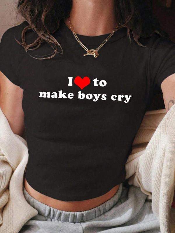 Women's Letter & Heart Print Round Neck Crop Tee, Fashion Casual Crew Neck Short Sleeve T-Shirt for Daily Holiday...