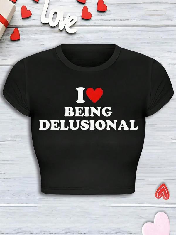 Women's Letter & Heart Print Round Neck Crop Tee, Fashion Casual Short Sleeve T-shirt for Daily Wear, Ladies Summer...