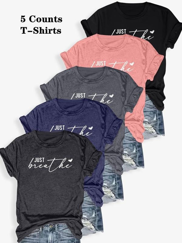 Women's Letter & Heart Print Round Neck Tee, Casual Short Sleeve Crew Neck T-shirt for Summer, Fashion Women's Top for...