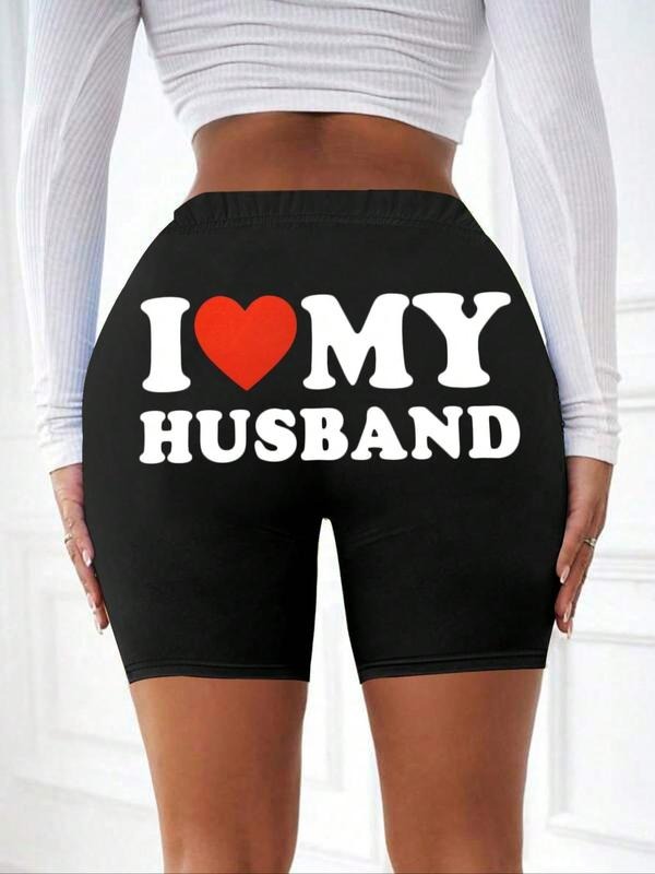 Women's Letter & Heart Print Skinny Shorts, Casual Comfy Elastic High Waist Shorts for Daily Wear, Ladies Bottoms for All...