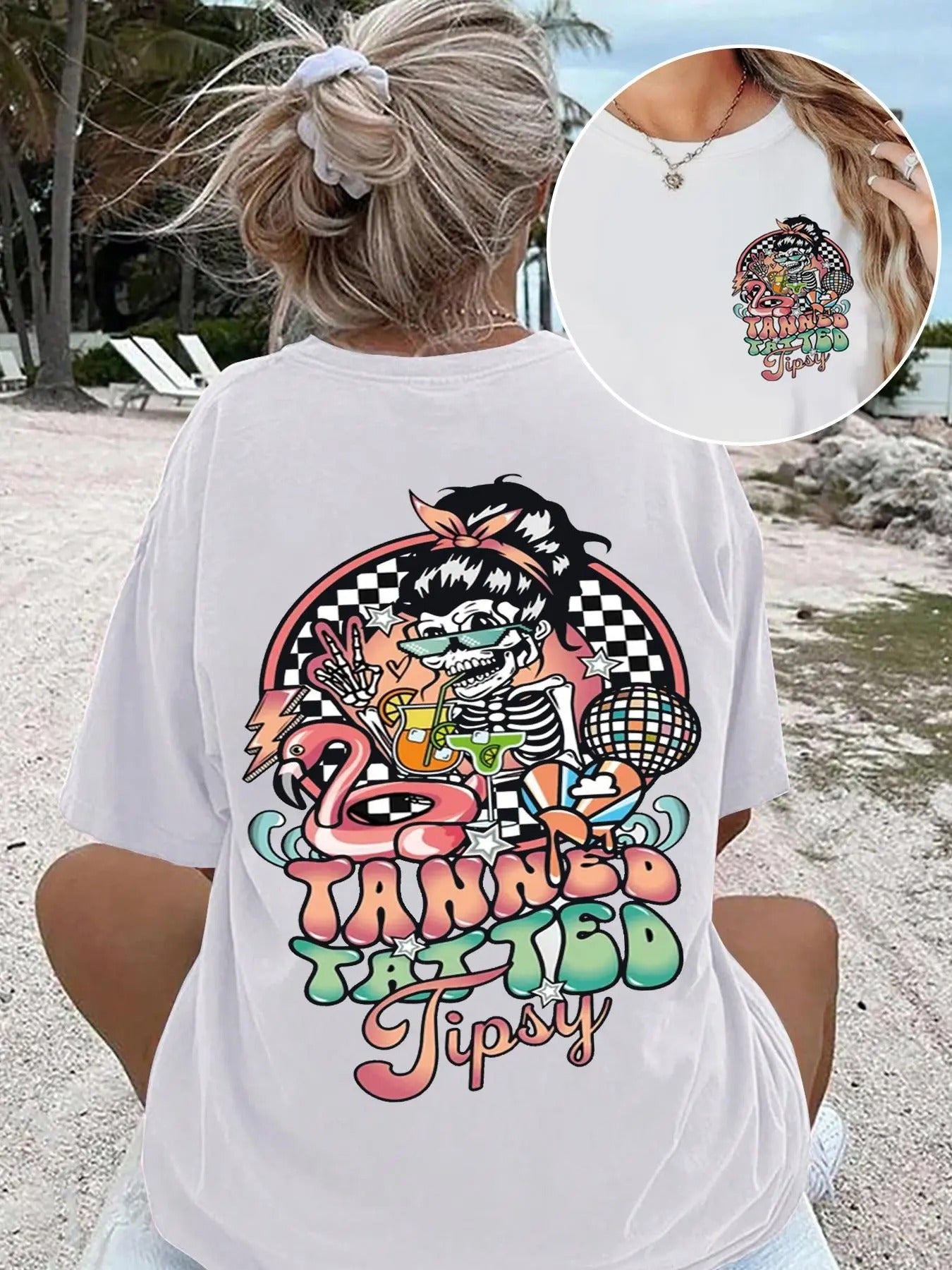 Women's Letter & Skeleton Print Round Neck Tee, Fashion Casual Cartoon Graphic Drop Shoulder Short Sleeve T-shirt for...