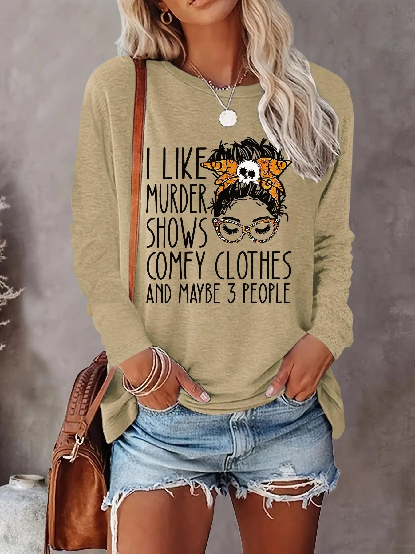 Women's Letter & Skull Print Round Neck Tee, Casual Long Sleeve Crew Neck Pullover for Fall & Winter, Women's Clothes for...