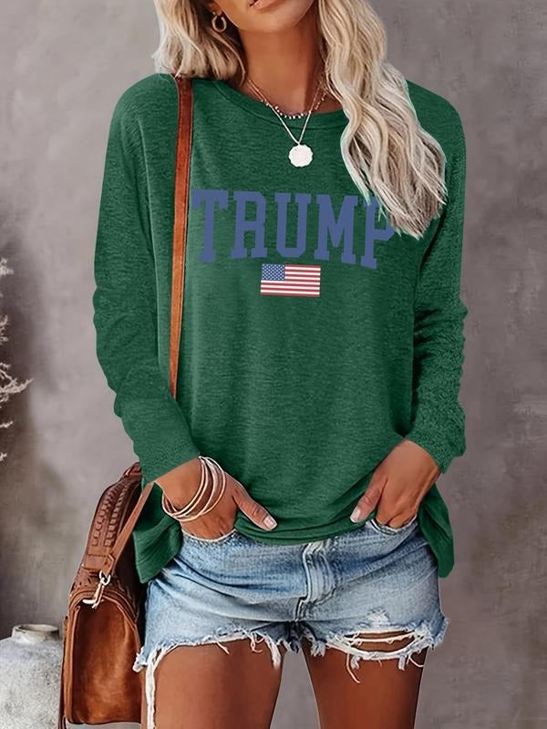 Women's Letter Flag Print Round Neck Tee, Fashion Casual Crew Neck Long Sleeve T-shirt for Daily Holiday Vacation Outdoor...