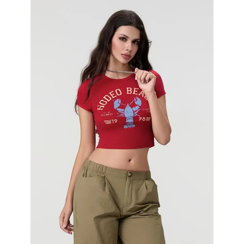 Women's Letter Lobster Print T-Shirt Short Sleeve Round Neck Slim Fit Summer Casual Crop Tops Womenswear Underwear...
