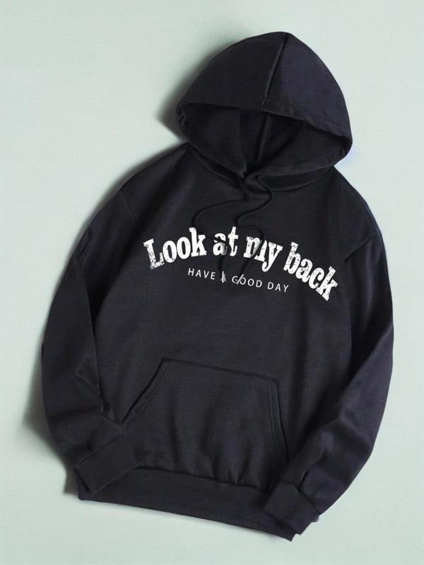 Women's Letter Print Drawstring Pocket Drop Shoulder Hoodie, Fashion Casual Hooded Long Sleeve Pullover for Daily Outdoor...