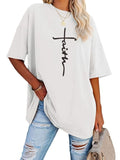 Women's Letter Print Drop Shoulder T-Shirt, Women's Summer Clothes, Casual Half Sleeve Round Neck Tee for Summer, Women's...