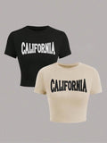 Women's Letter Print Round Neck Crop Tee, Casual Short Sleeve Crew Neck Cropped T-Shirt for Daily Wear, Streetwear Tops...