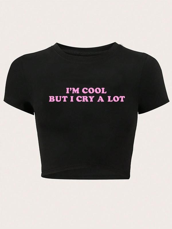 Women's Letter Print Round Neck Crop Tee, Fashion Casual Crew Neck T-Shirt for Daily Holiday Vacation Outdoor Wear,...