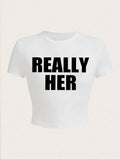 Women's Letter Print Round Neck Crop Tee, Fashion Casual Crew Neck T-shirt for Daily Outdoor Wear, Women's Clothing for...