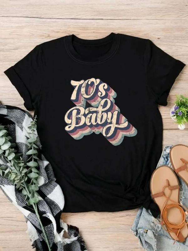 Women's Letter Print Round Neck Graphic Tee, Vintage Trendy Casual Short Sleeve T-shirt for Daily Wear, Ladies All...