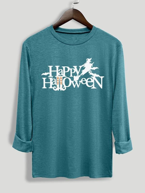 Women's Letter Print Round Neck Tee, Casual Long Sleeve Crew Neck T-shirt for Halloween, Women's Clothing for Daily Wear...