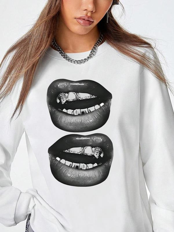 Women's Lip Print Drop Shoulder Sweatshirt, Casual Long Sleeve Round Neck Pullover for Fall & Winter, Women's Clothes for...