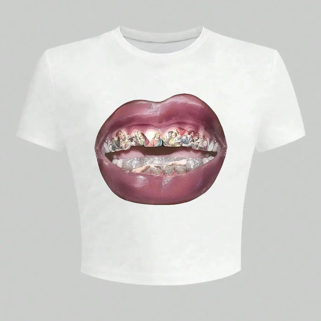Women's Lip Print Round Neck Crop Tee, Fashion Casual Short Sleeve T-shirt for Daily Wear, Ladies Summer Clothes Hoodie,...