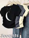 Women's Moon Print Round Neck Tee, Casual Short Sleeve Crew Neck T-shirt for Daily Wear, Ladies Clothes for All Seasons,...