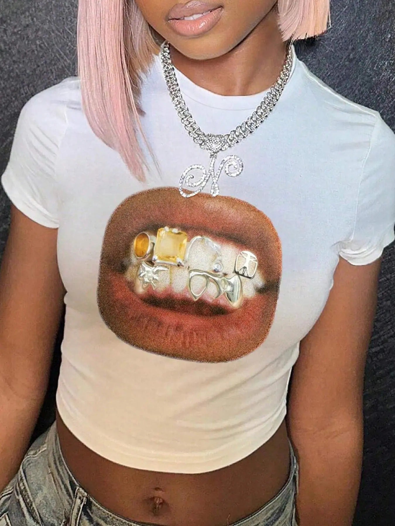 Women's Mouth Print Crop Tee, Casual Short Sleeve Round Neck T-shirt for Daily Wear, Ladies Clothes for All Seasons...