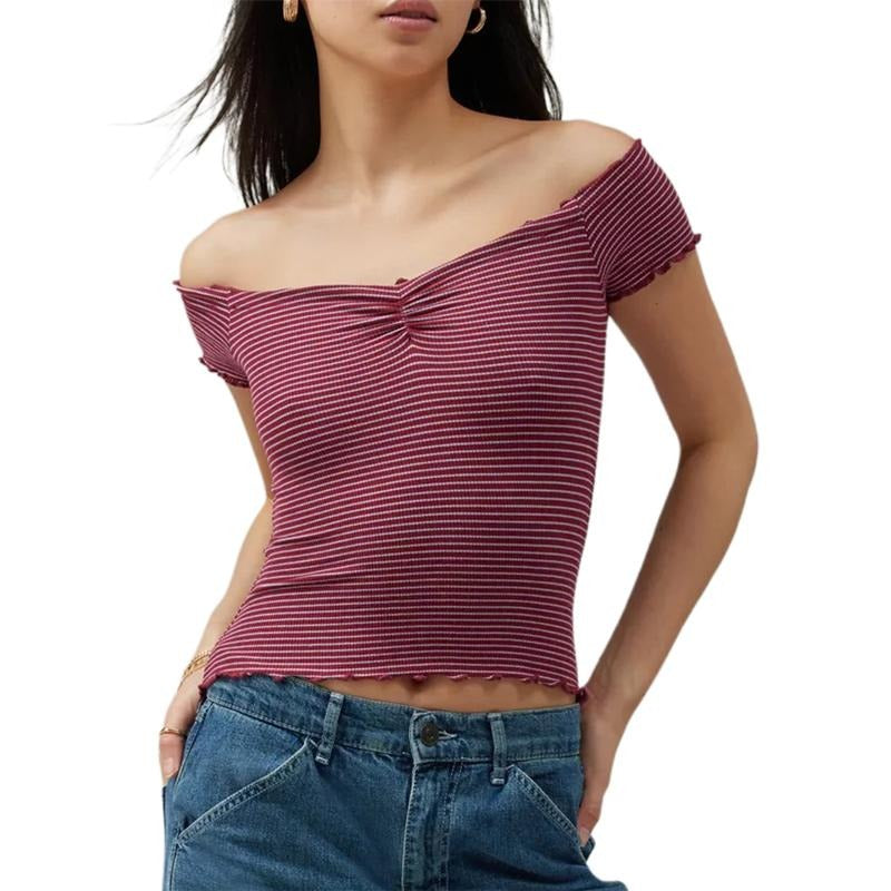 Women's Off Shoulder Crop Tops Stripe Pattern Boat Neck Short SleeveFit Summer T-Shirts Hoodie, Sweatshirt | ZylaModa.com
