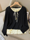 Women's Patchwork Frill Trim Tie Front Tee, Casual Long Sleeve Button Round Neck Top for Fall & Winter, Women's Clothing...