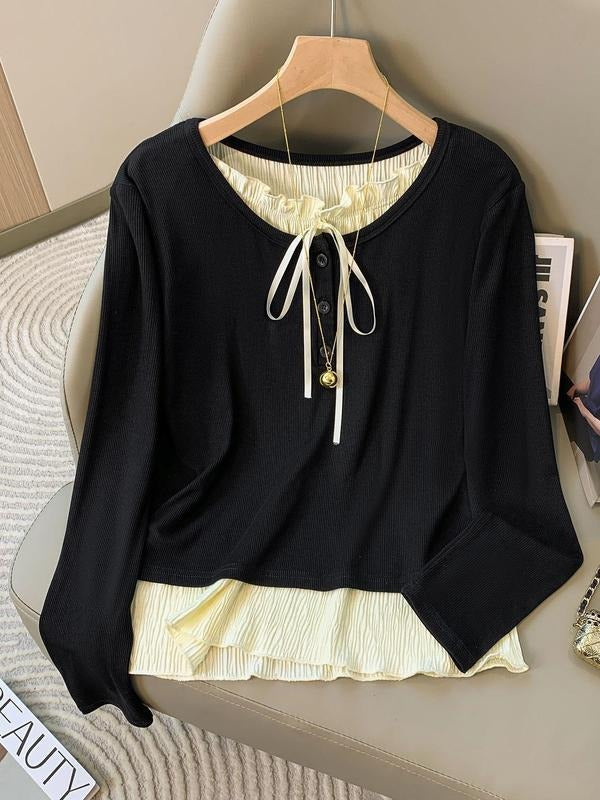 Women's Patchwork Frill Trim Tie Front Tee, Casual Long Sleeve Button Round Neck Top for Fall & Winter, Women's Clothing...