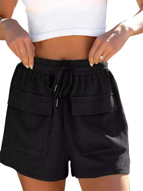 Women's Plain Textured Drawstring Waist Shorts, Casual Flap Pocket Shorts for Summer, Women's Bottoms for Daily Wear...
