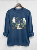 Women's Plants & Ghost Print Drop Shoulder Sweatshirt, Casual Long Sleeve Round Neck Pullover for Fall & Winter, Ladies...