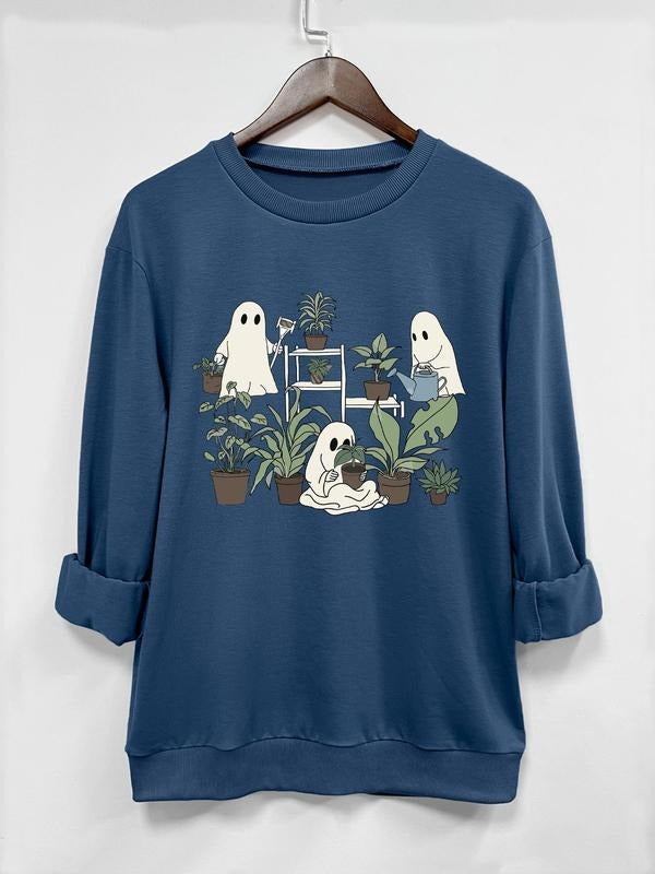 Women's Plants & Ghost Print Drop Shoulder Sweatshirt, Casual Long Sleeve Round Neck Pullover for Fall & Winter, Ladies...
