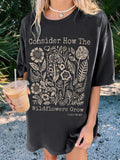 Women's Plants & Letter Print Drop Shoulder Tee, Trendy Casual Short Sleeve Round Neck T-Shirt for Daily Wear, Ladies All...