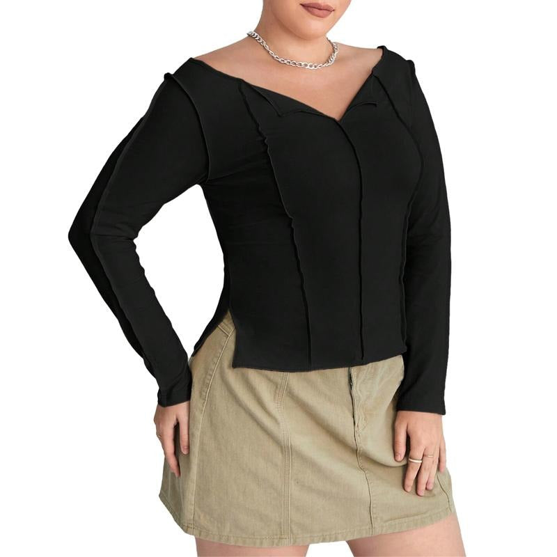 Women's Plus Size Tops Slim Solid Color V Neck Side Split Hem Long Sleeve Shirt for Fall Streetwear Cotton Lady Hoodie,...
