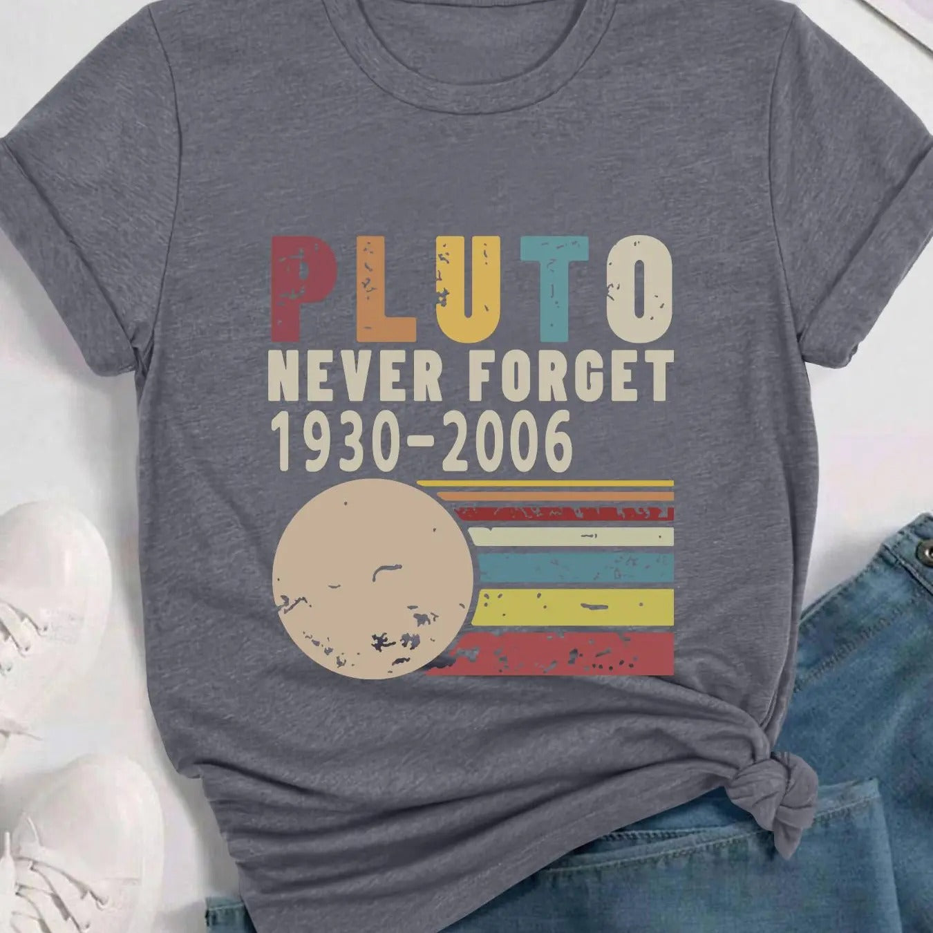 Women's Pluto Letter Print Round Neck Graphic Tee, Vintage Trendy Casual Short Sleeve T-shirt for Daily Wear, Ladies All...