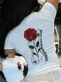 Women's Rose & Letter Print Round Neck Tee, Trendy Casual Short Sleeve T-shirt for Daily Wear, Ladies Outfit for Summer,...