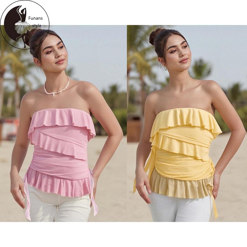 Women's Ruffle Trim Tube Tops Sleeveless Off Shoulder Strapless Solid Color Bandeau T-Shirts, Hoodie, Sweatshirt