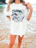 Women's Sea Creatures Print Drop Shoulder Tee, Casual Half Sleeve Round Neck T-shirt, Ladies Summer Clothes for Daily...